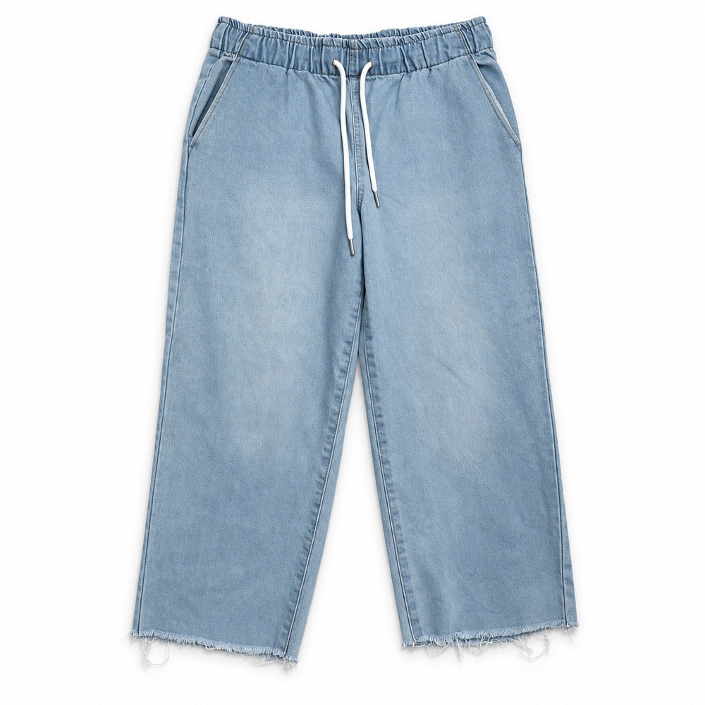 Forever 21 Large Denim Wide Leg Cropped Pants Light Wash Raw Hem Casual Boho